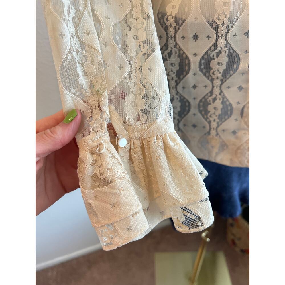 Vintage Neiman Marcus Cream Lace Ruffled Collar Long Sleeve Blouse Size 10 - Picture 3 of 14
